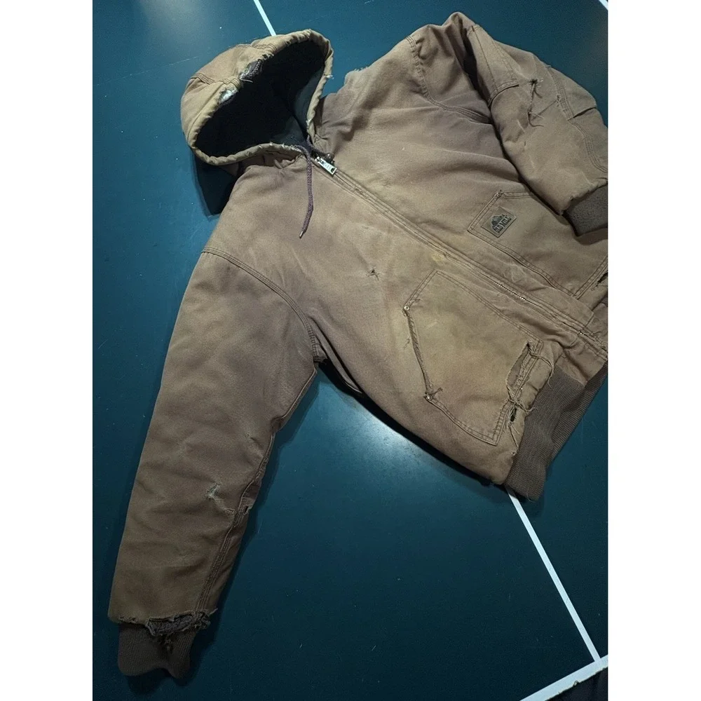 Vintage Canvas Hooded Work Jacket Distressed  Sun Faded Brown Mens Size XL‎